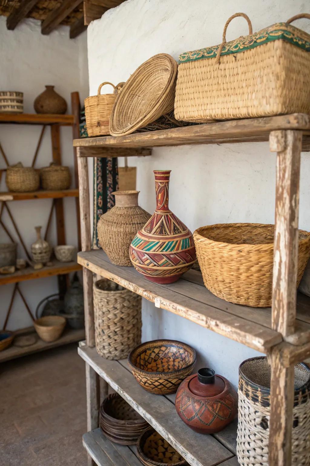 Artisan pieces enrich rustic interiors with cultural depth.