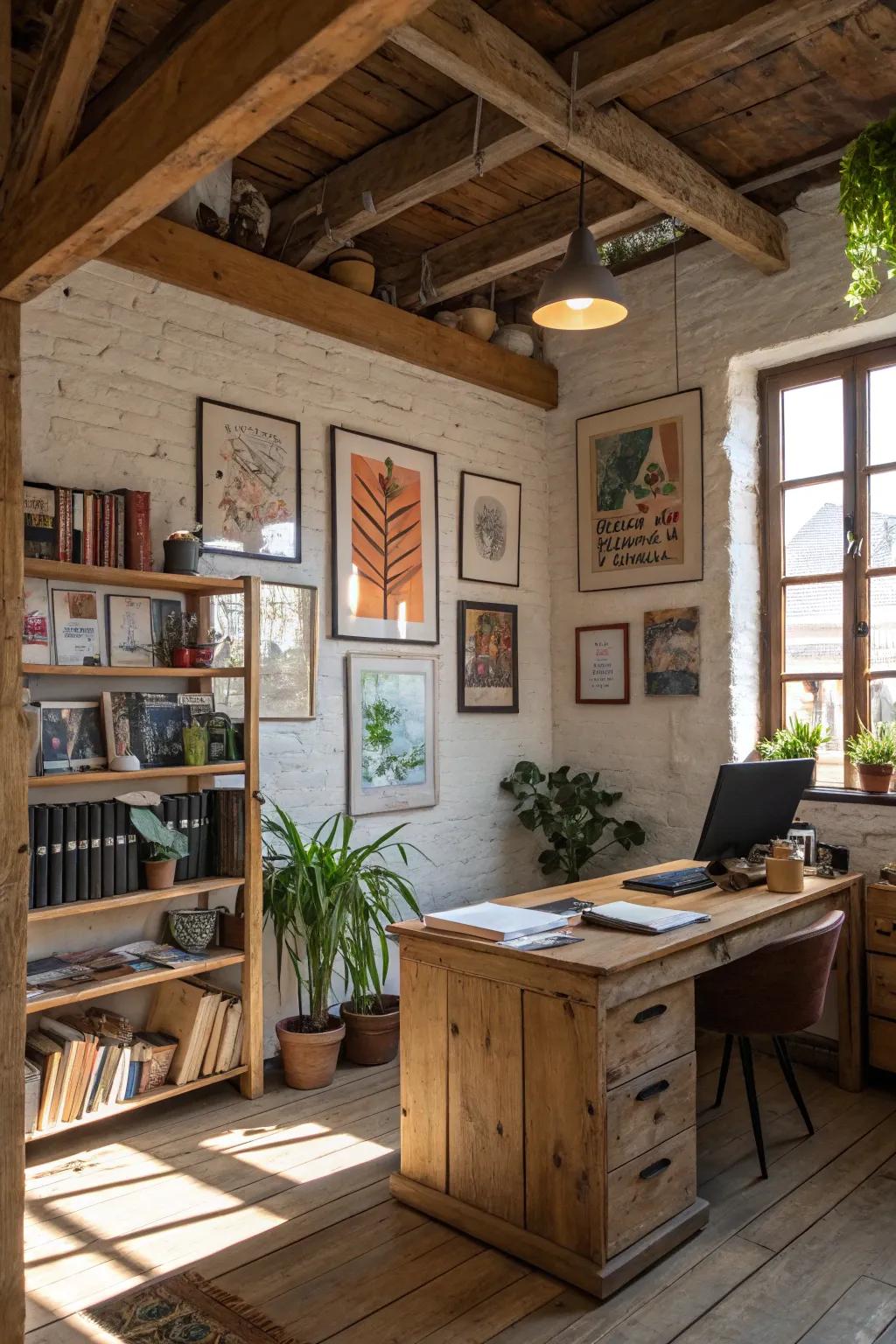 Inspirational art personalizes and inspires a rustic office.