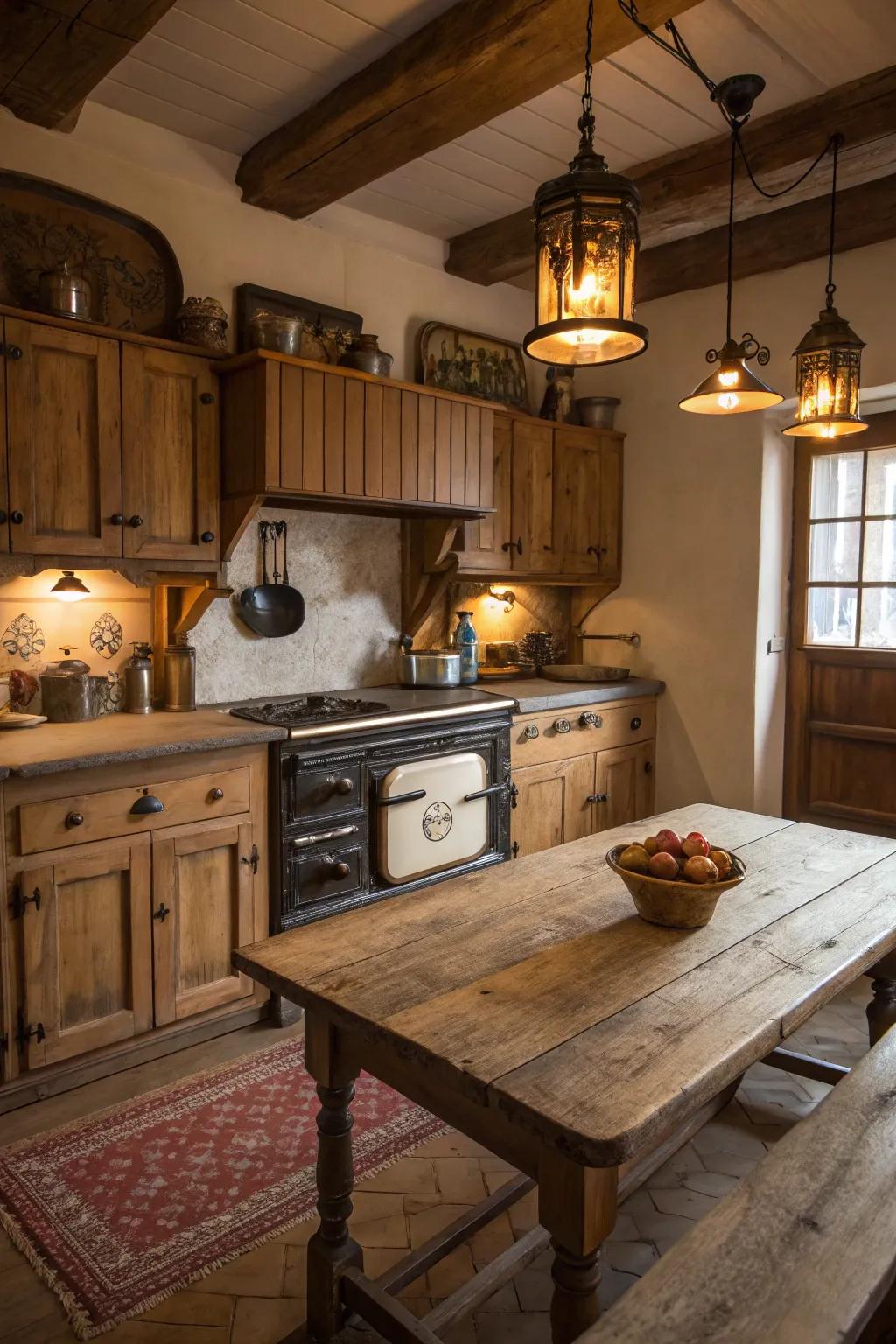 Traditional metal lighting enhances the rustic ambiance.