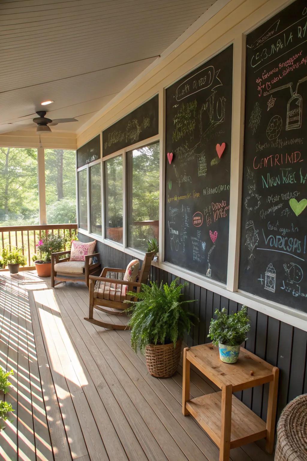 A message board wall adds a playful touch to the porch.
