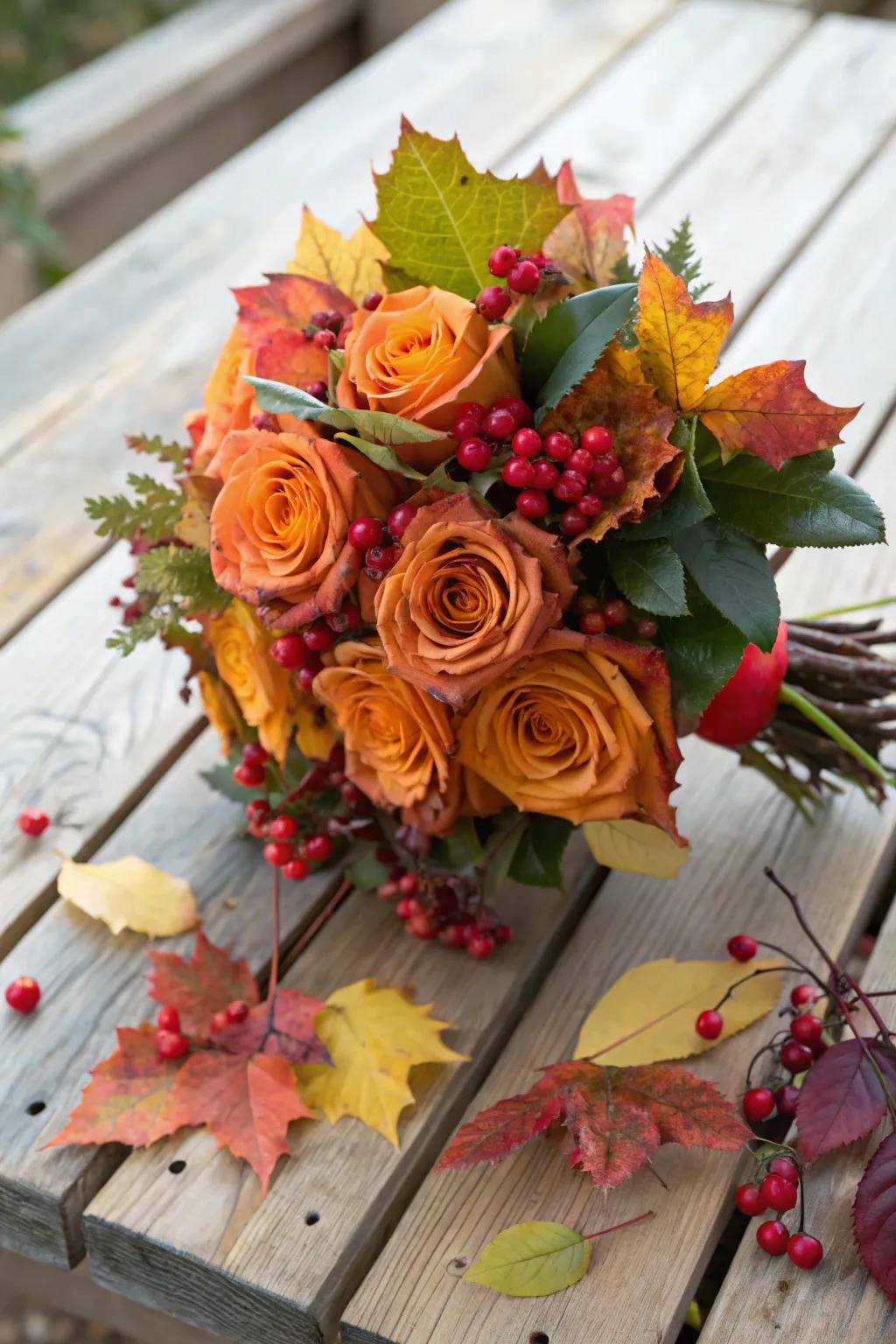 Seasonal foliage adds a unique twist to a rose arrangement.