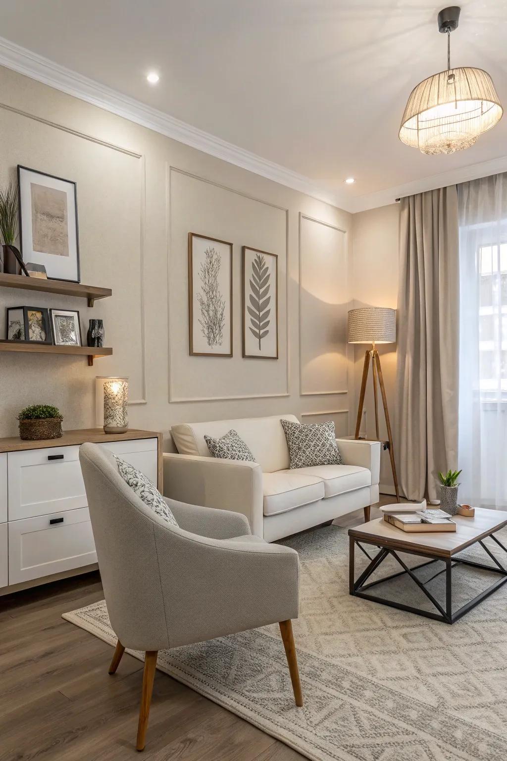 A room with a versatile neutral color scheme.