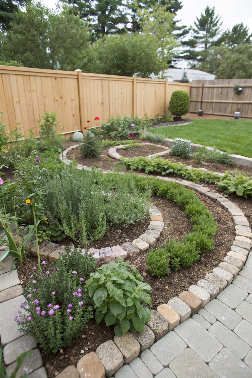 An herb spiral maximizes space for growing fresh herbs.