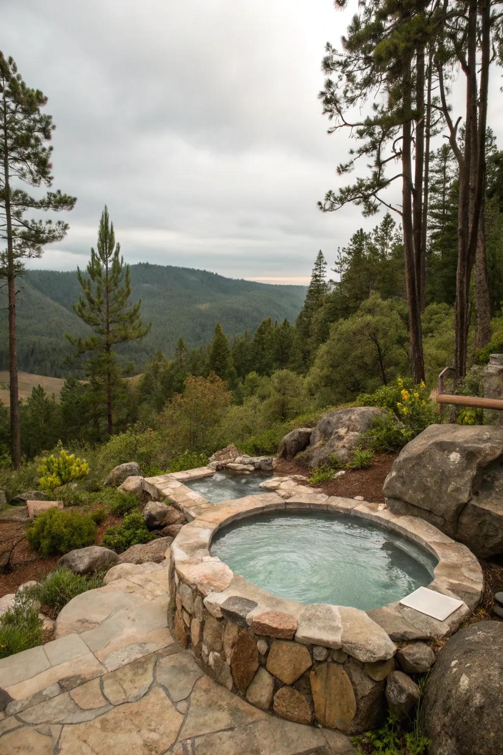 A spa enclosed by natural stone, blending harmoniously into the environment.