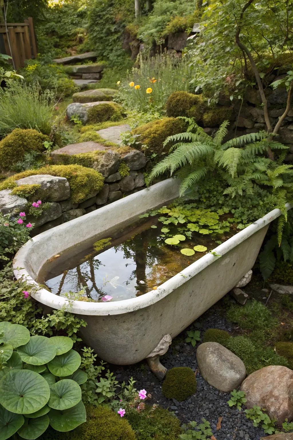 An old bathtub repurposed as a pond brings unique charm to the garden.