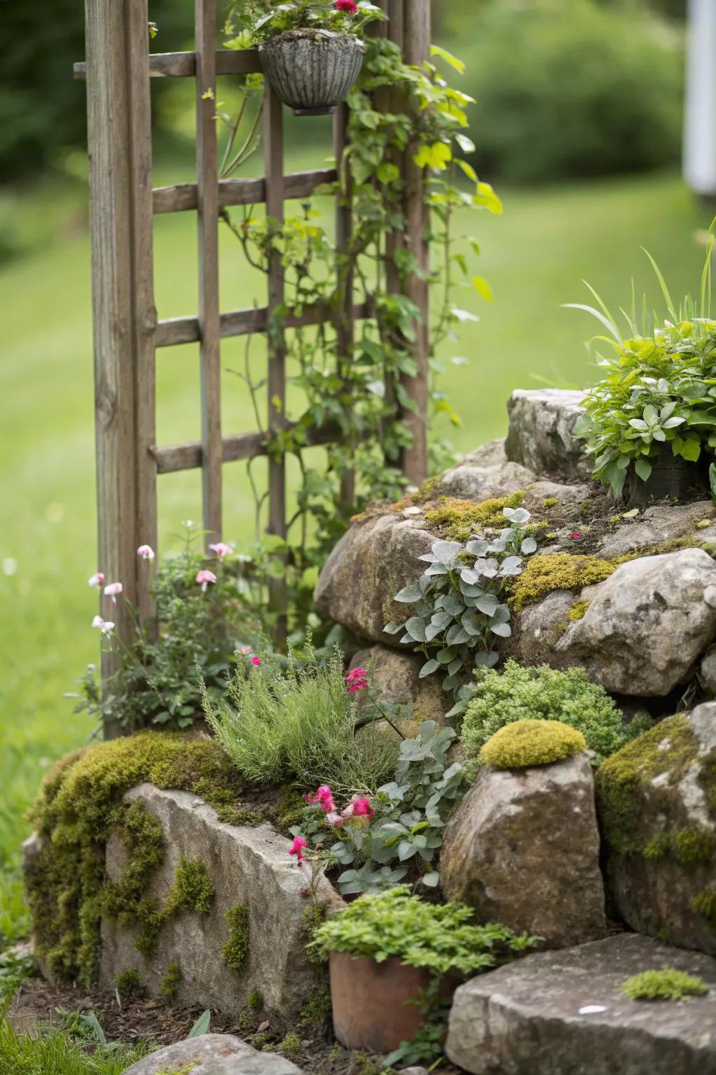 Vertical greenery enhances this corner rock garden.