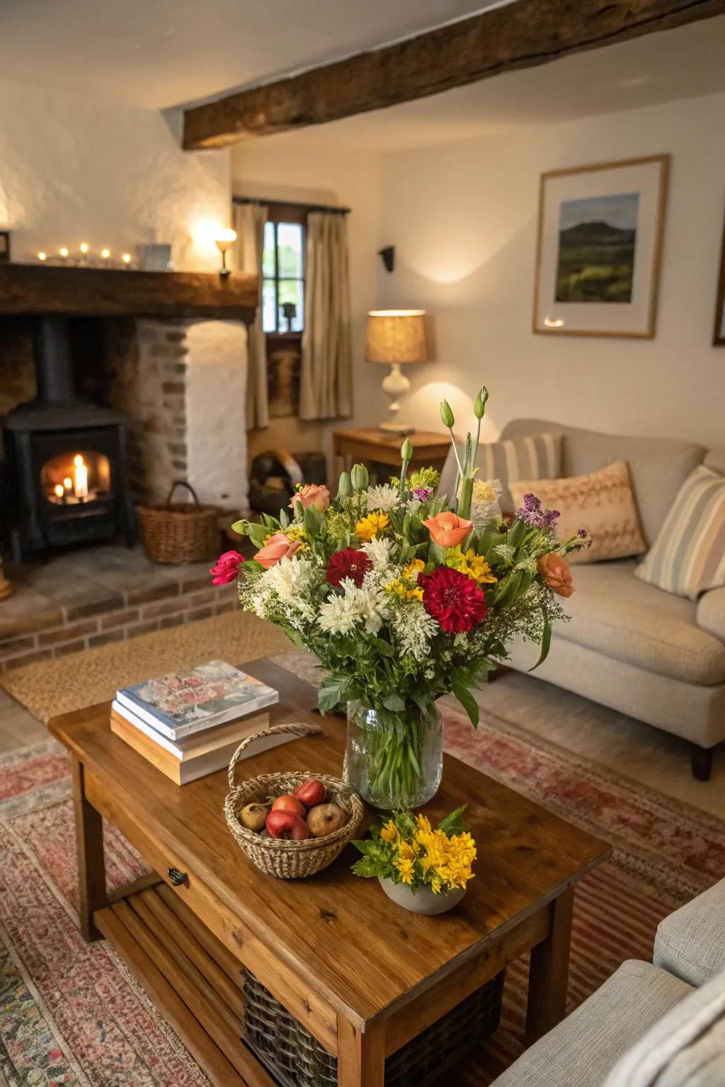 Fresh flowers add a vibrant touch to this charming cottage living room.