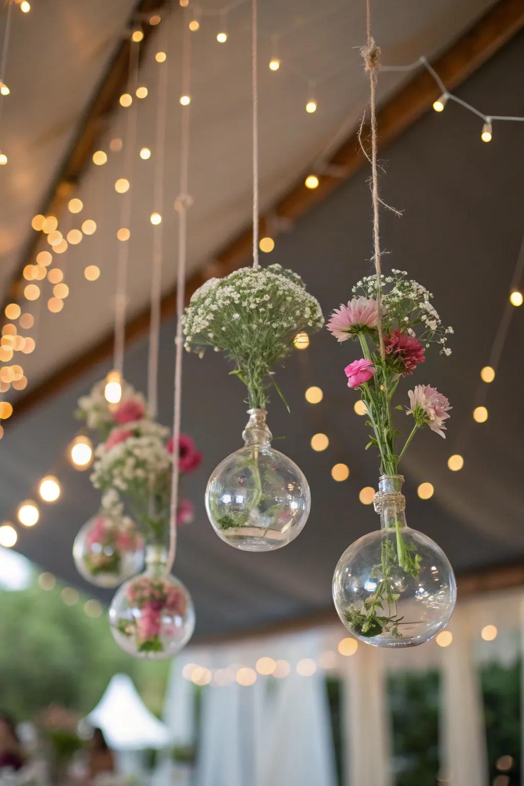 Hanging glass orbs create a dreamy floral display.