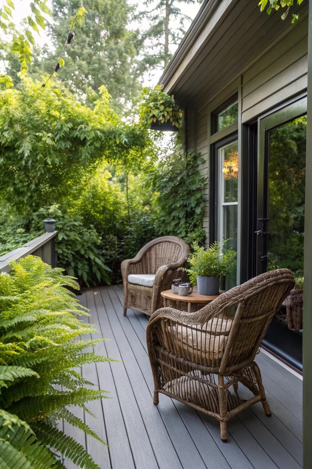 Wicker chairs add natural texture to the deck.
