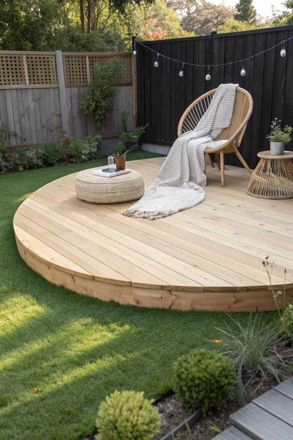 Embrace serene elegance with a circular deck oasis in your garden.