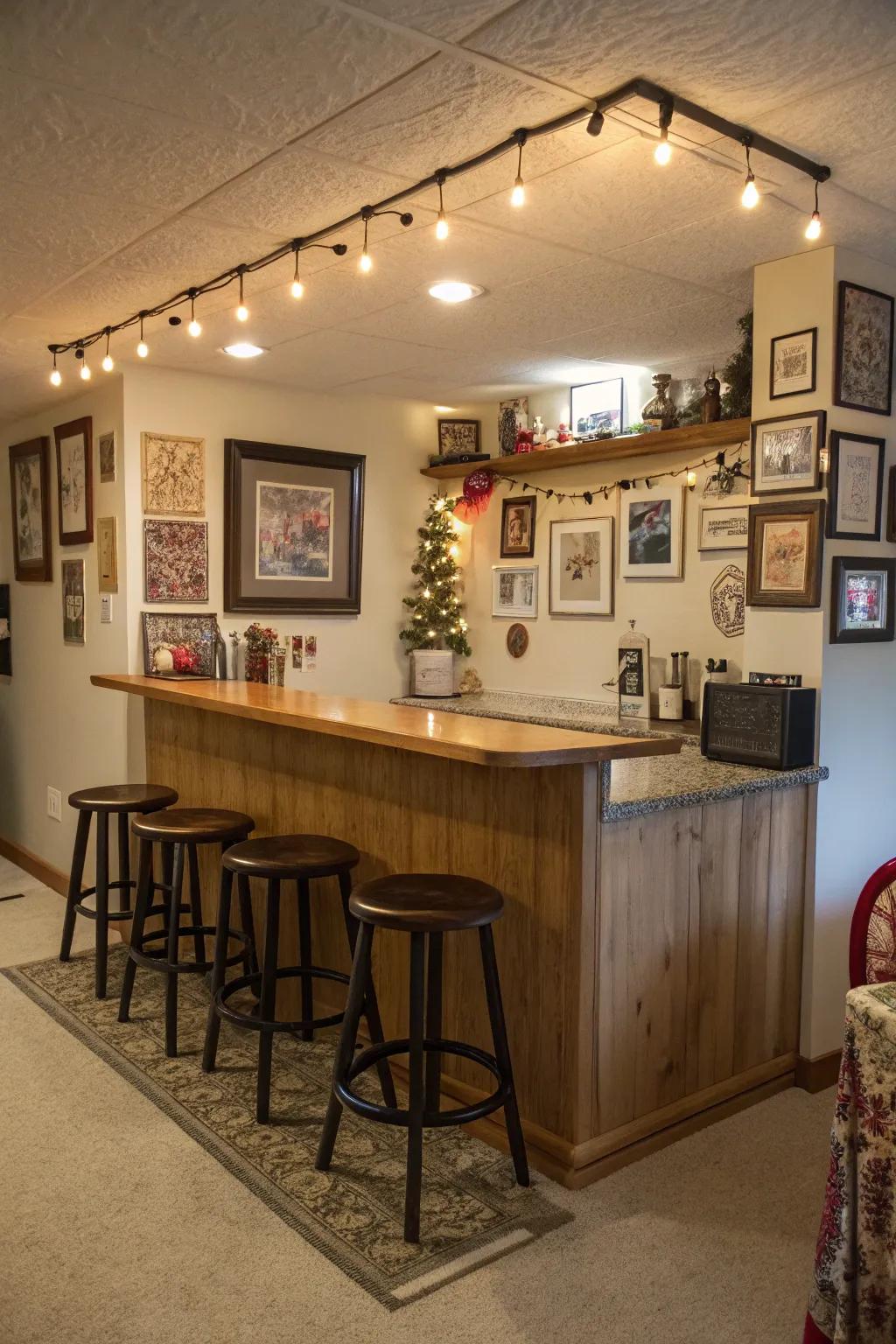 A cozy corner kitchen bar with stools and artwork.