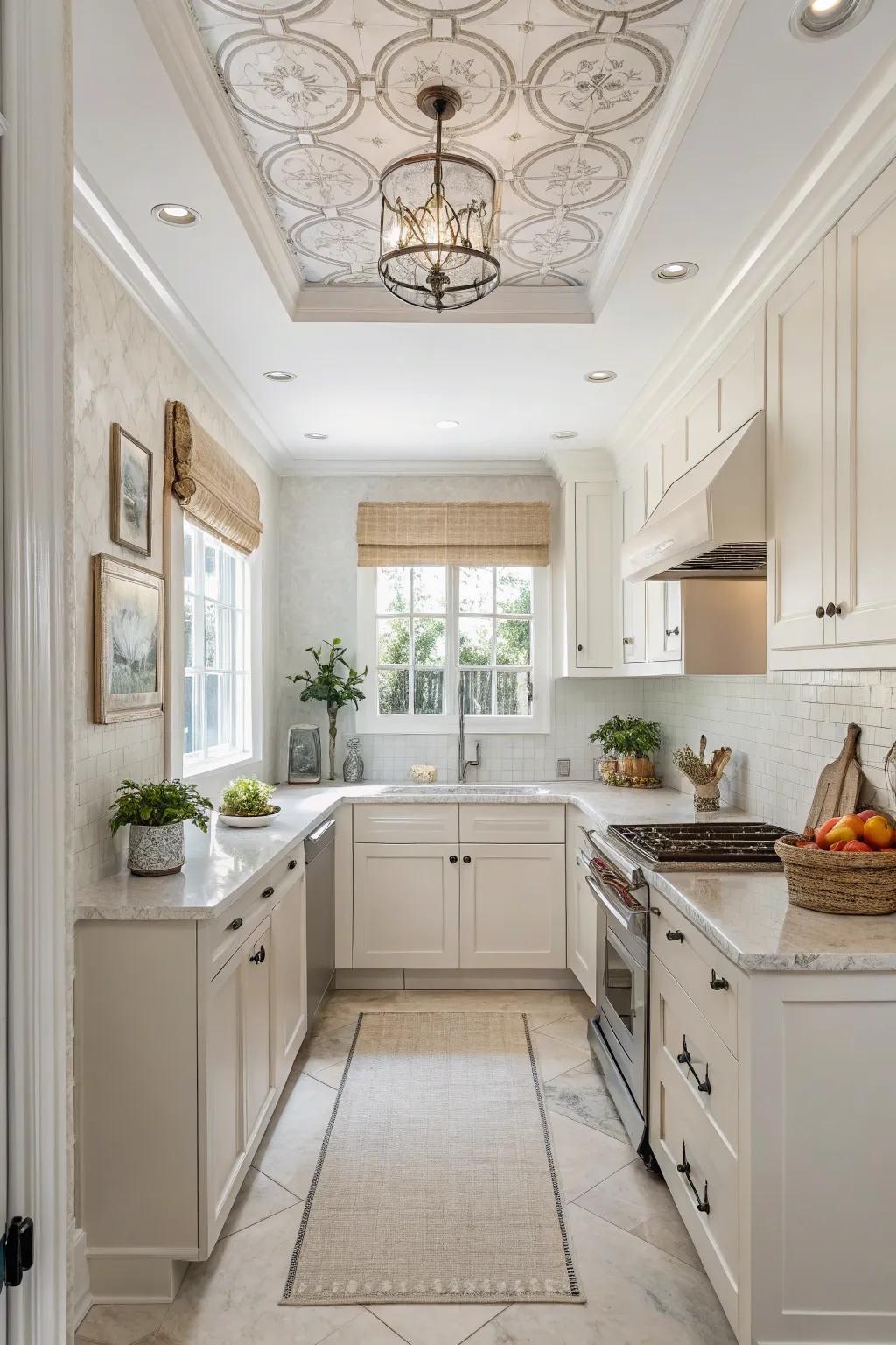 Tray ceilings add understated elegance and depth to small kitchens.