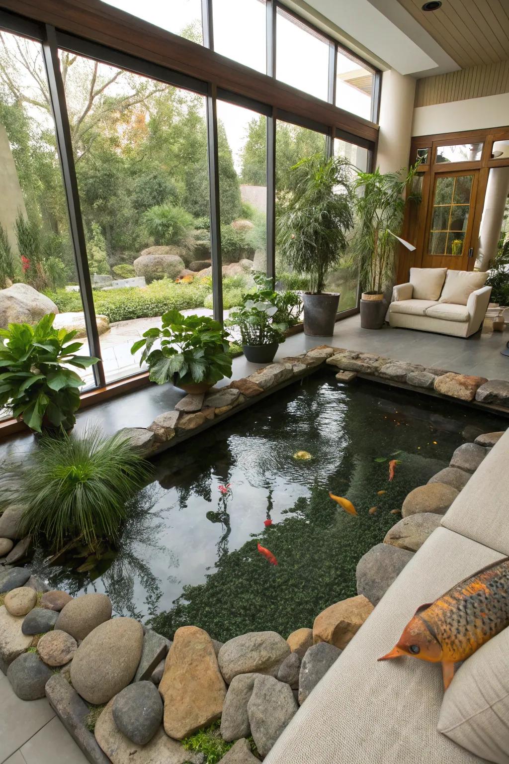 An indoor koi pond brings nature's beauty into the house.