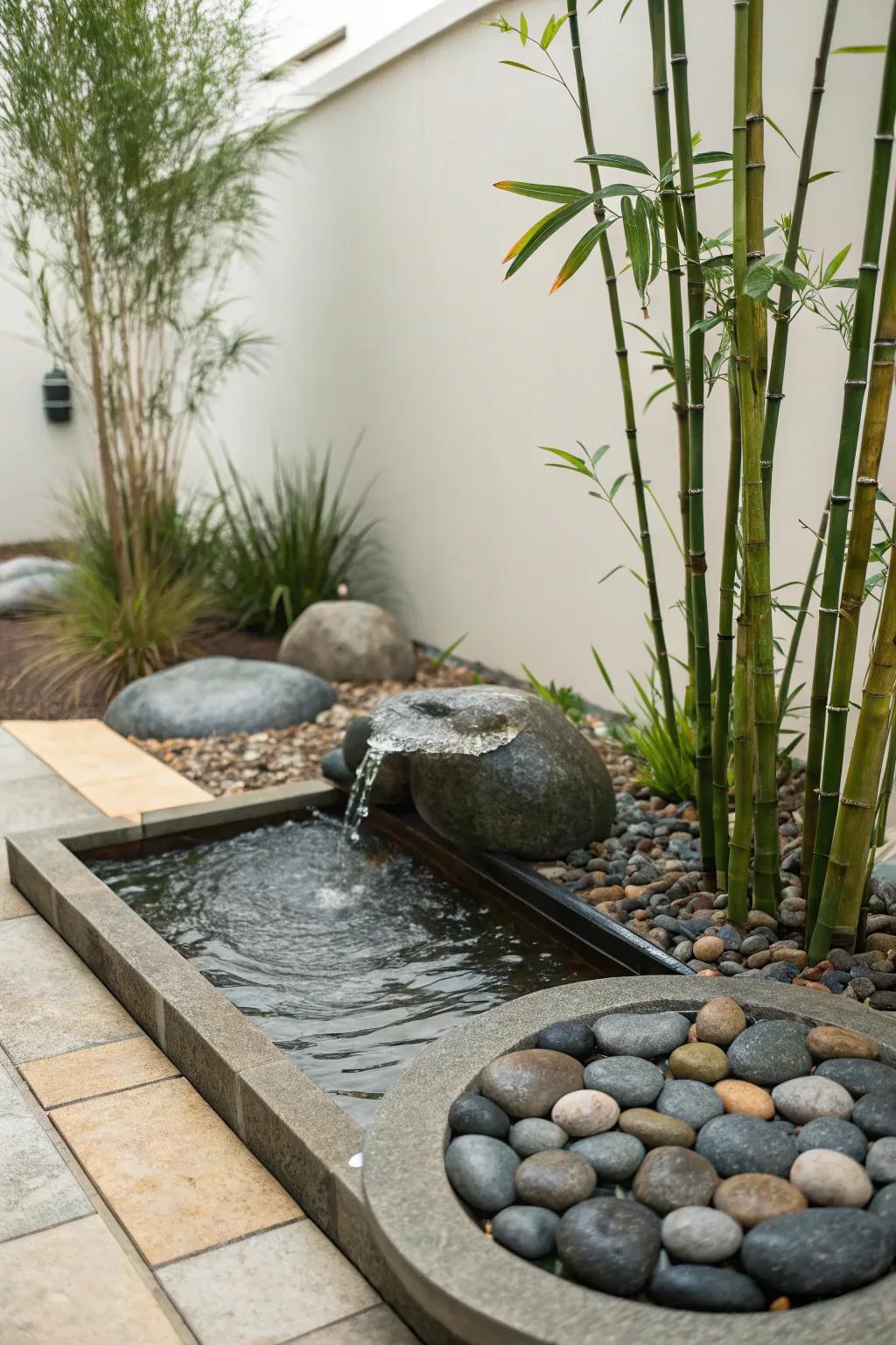 A Zen corner provides a serene escape in a compact garden setting.