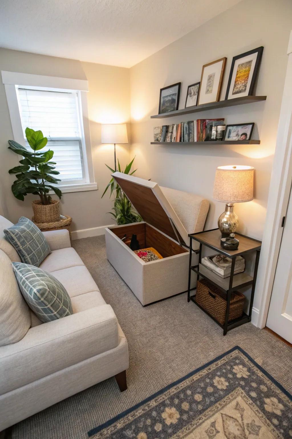 Hidden storage solutions keep your living room clutter-free.