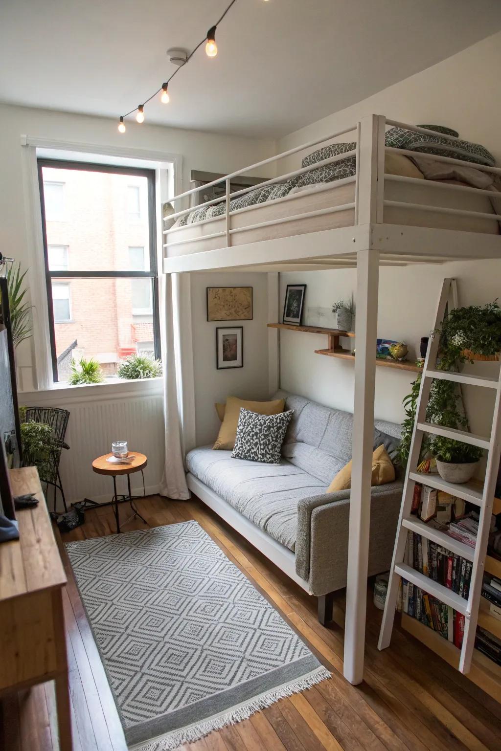 A lofted bed is a smart way to maximize space.