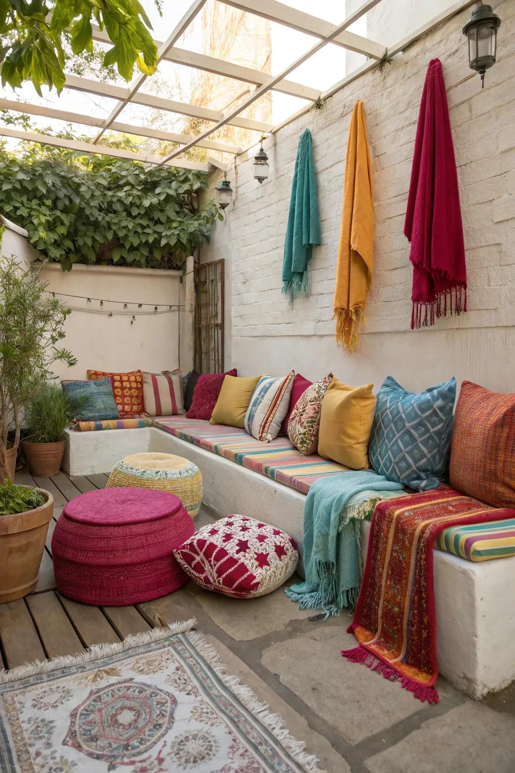 Colorful textiles add warmth and personality to your outdoor space.