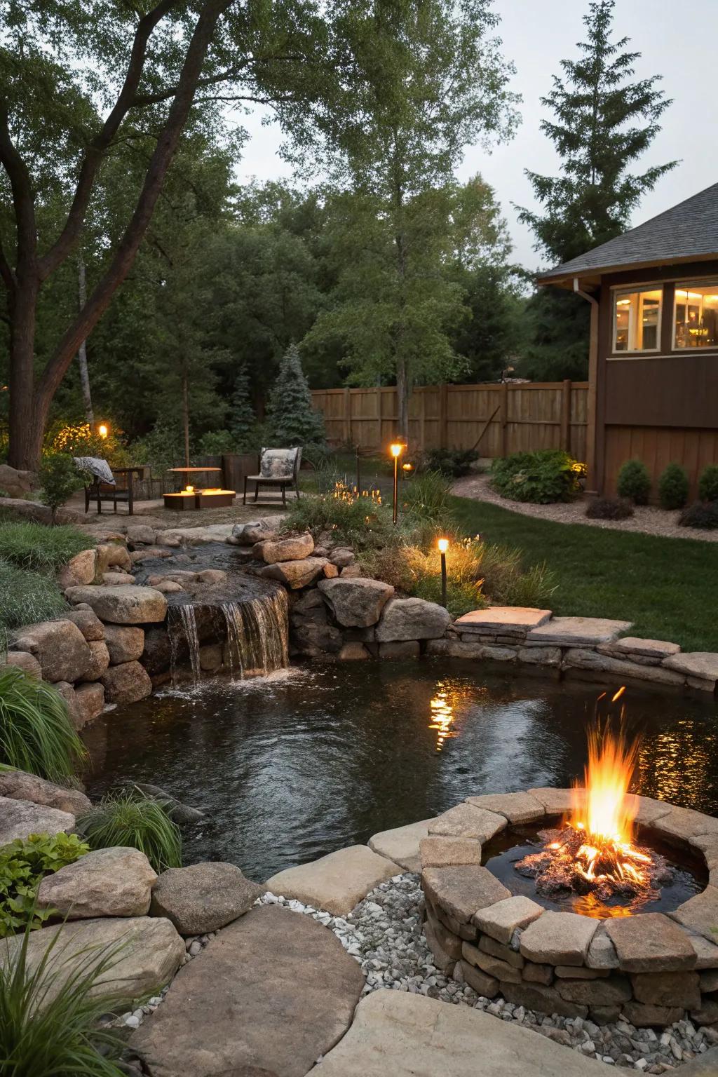 A fire pit adds warmth to your pondside gathering space.