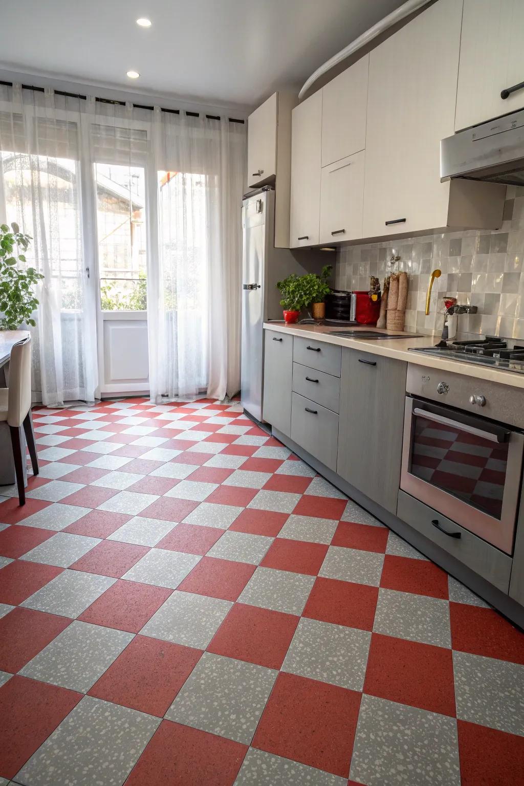 Retro-inspired muted and rouge checkered floor covering injecting playfulness.