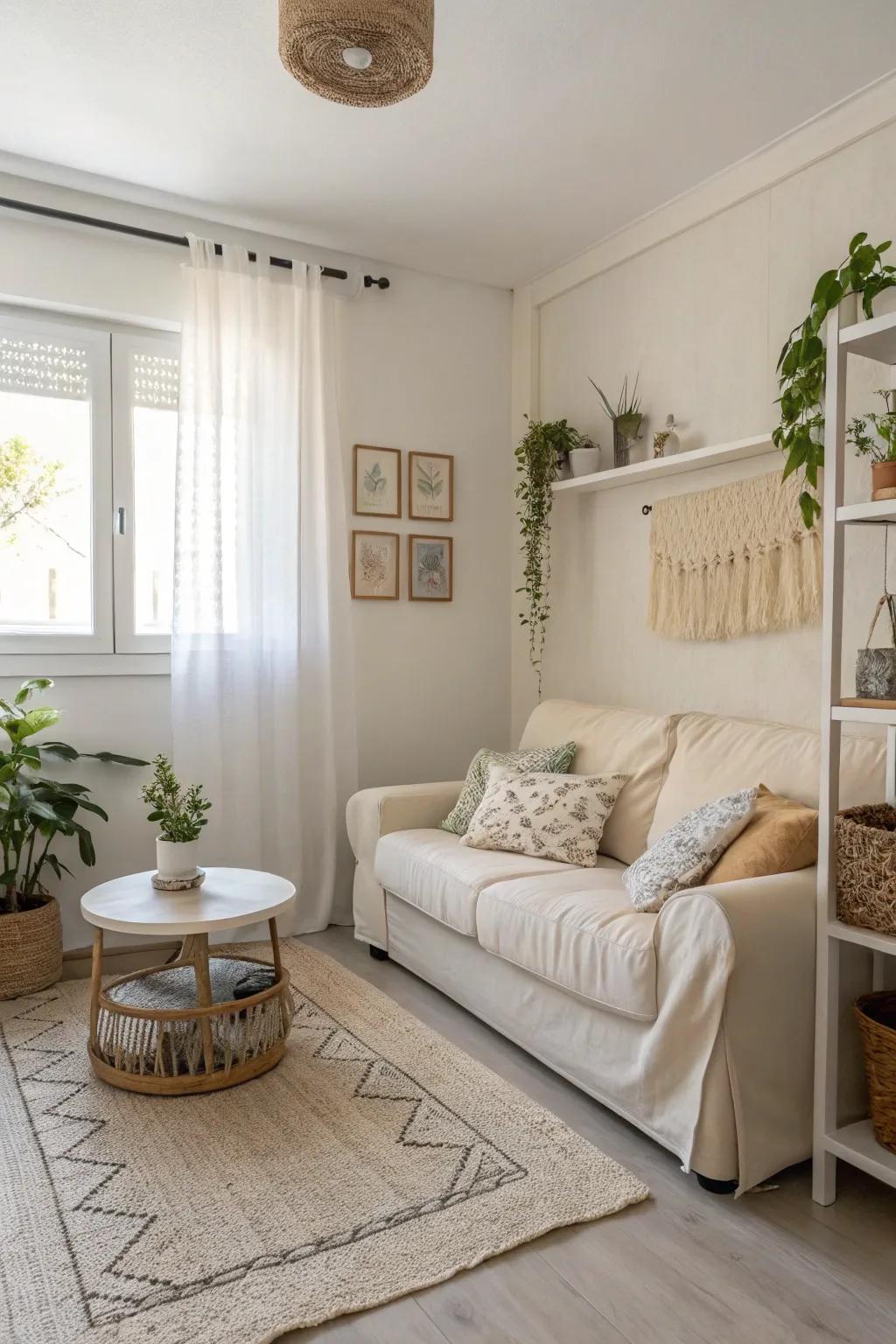 Neutral colors create a large and welcoming feel.