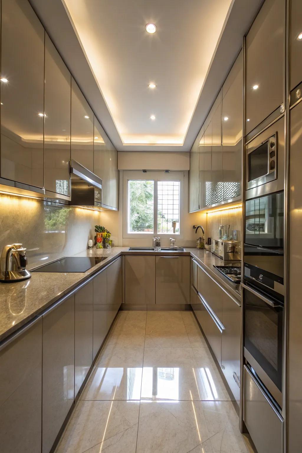 Reflective surfaces amplify light and space in this kitchen design.