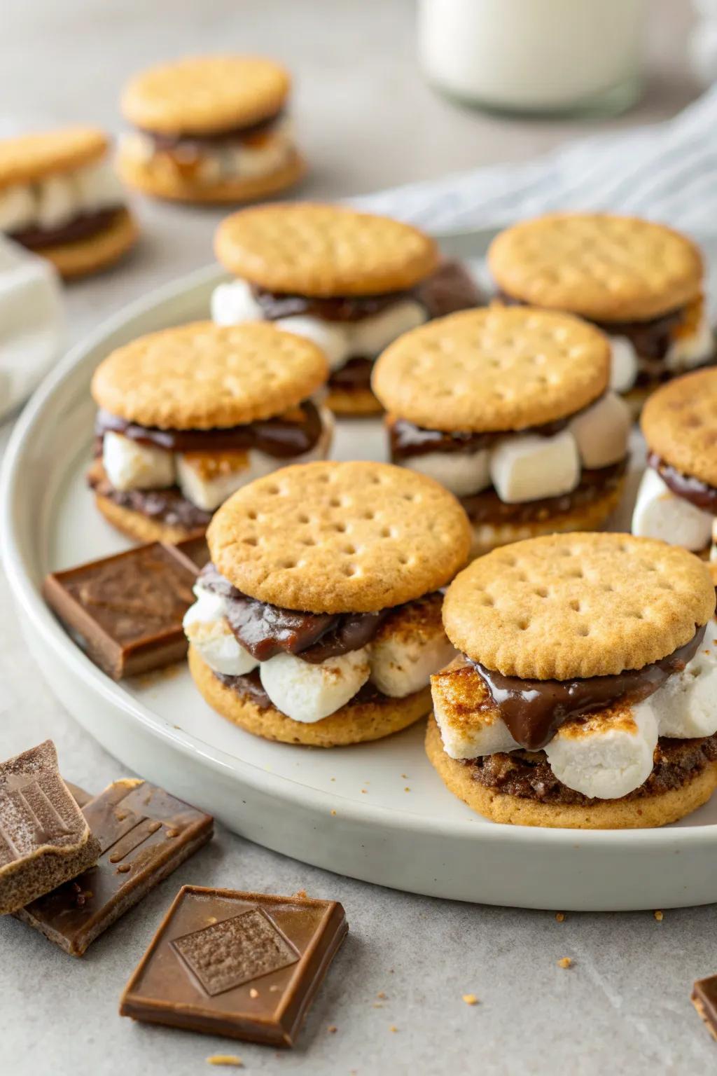 Mini s'mores sandwiches offer a delightful, bite-sized take on the classic treat.