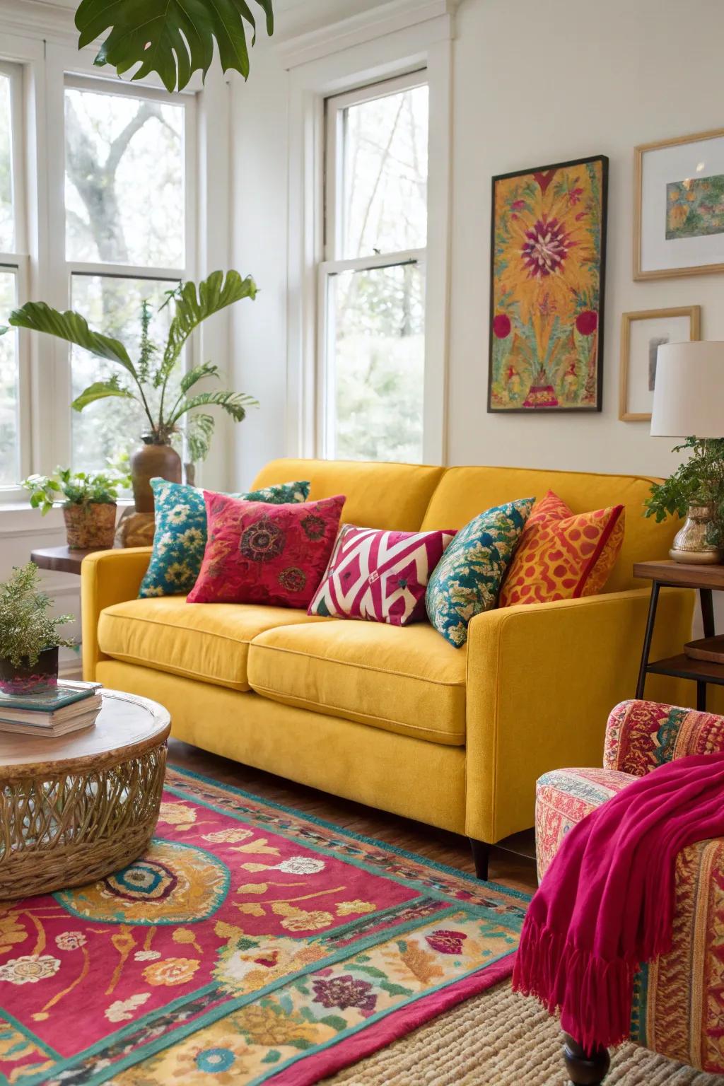 A bright sofa introduces an unexpected splash of color and energy.
