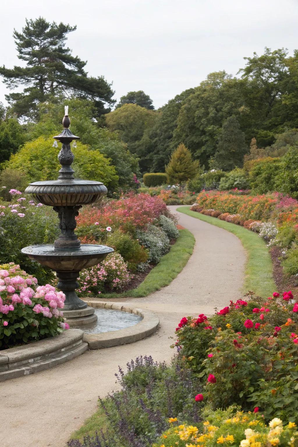 A solar fountain embellishing a garden pathway with its welcoming aura.