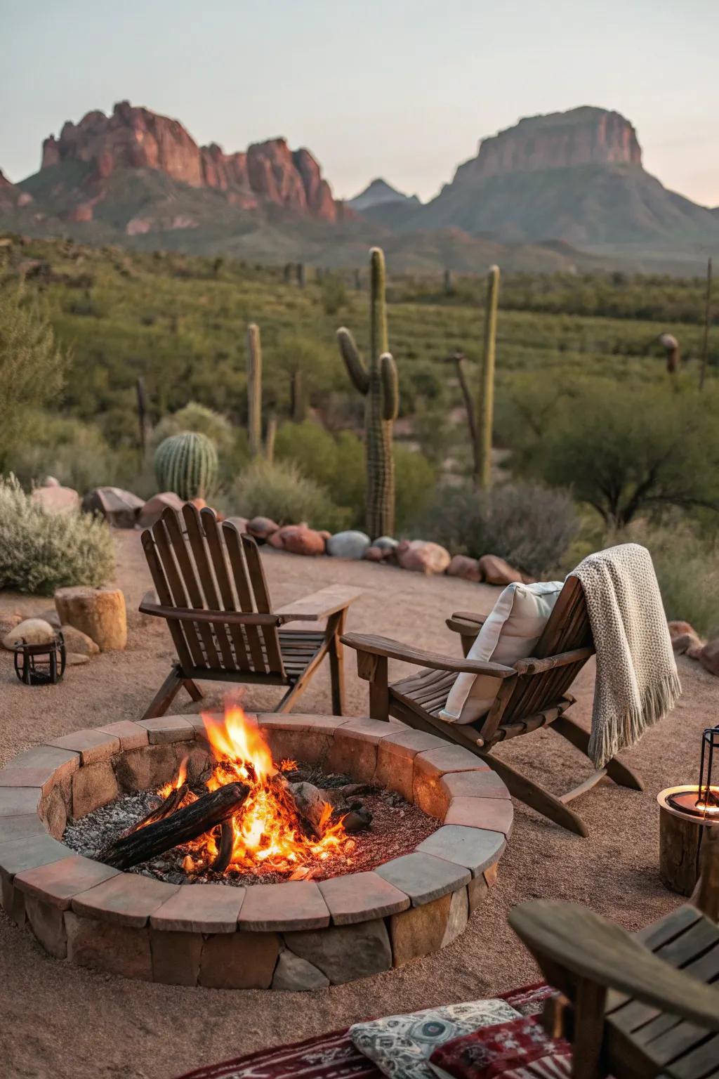 A fire pit gathering spot that's ideal for cool desert evenings.