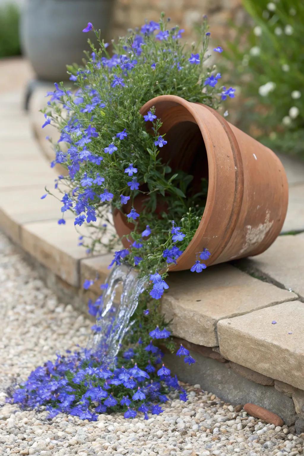 Transform your garden into a serene oasis with this Faux Waterfall featuring cascading blue lobelia. A perfect blend of minimalism and boho charm!