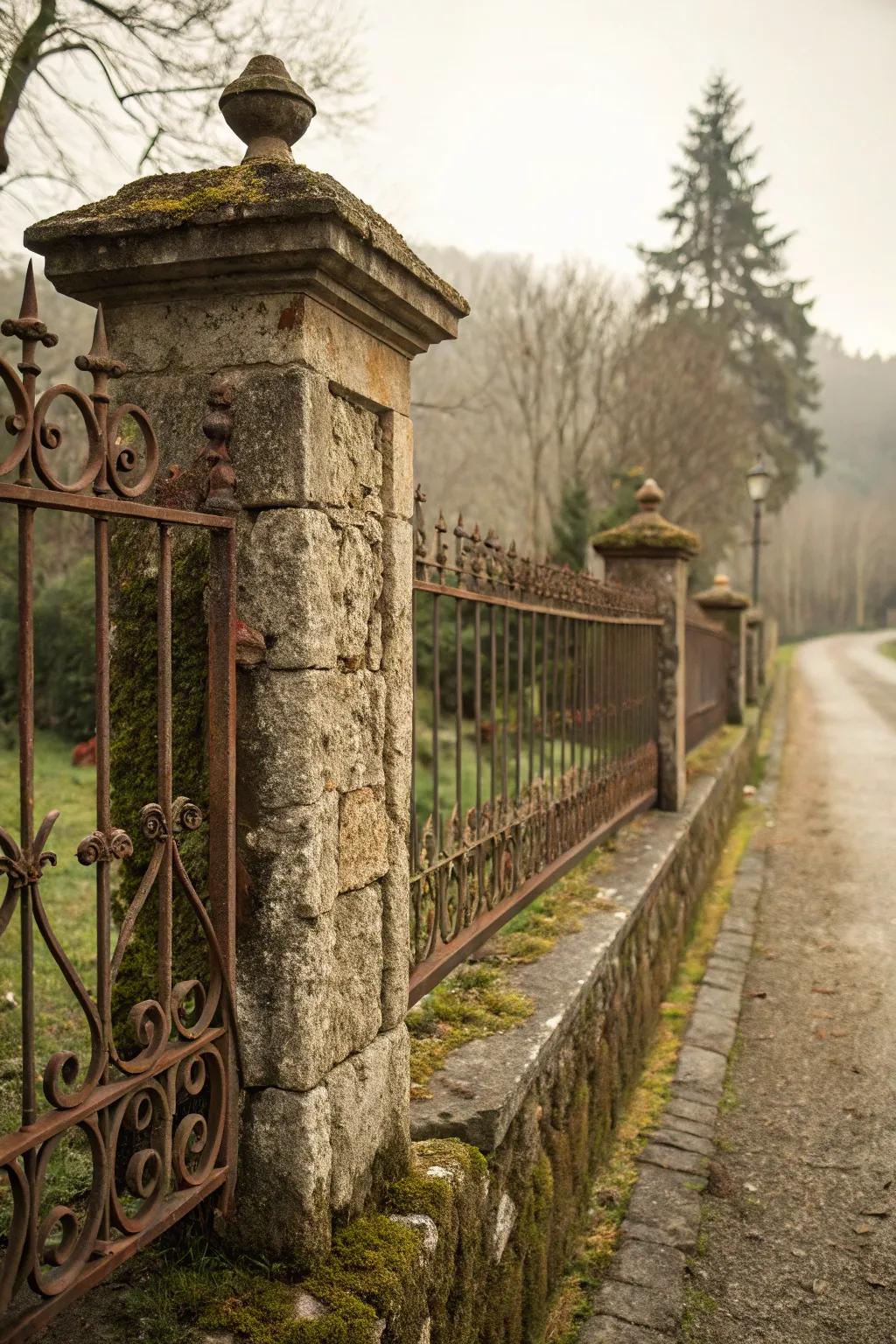 A vintage fence with antiqued iron finishes.