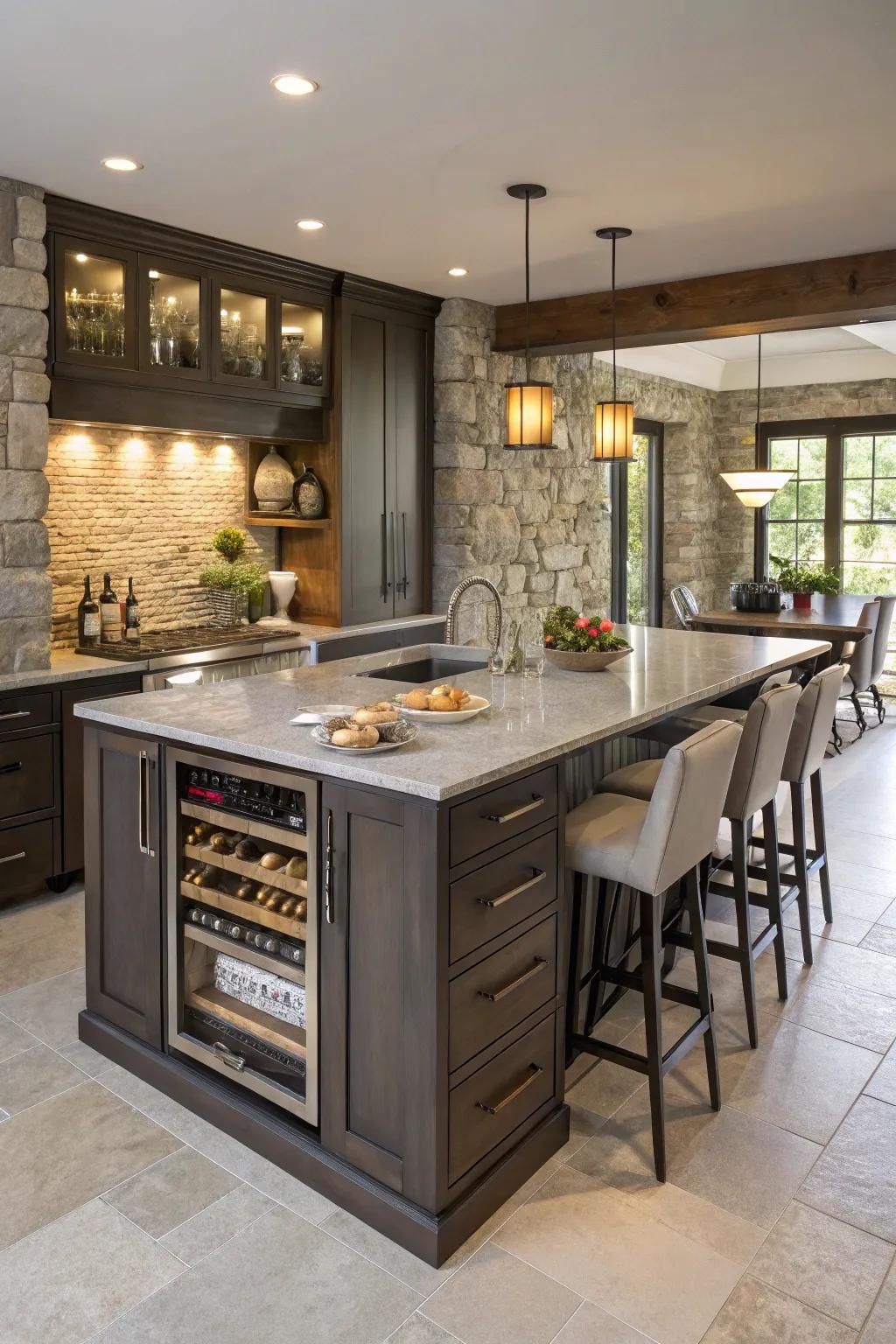A multi-functional stone kitchen island offering versatility.