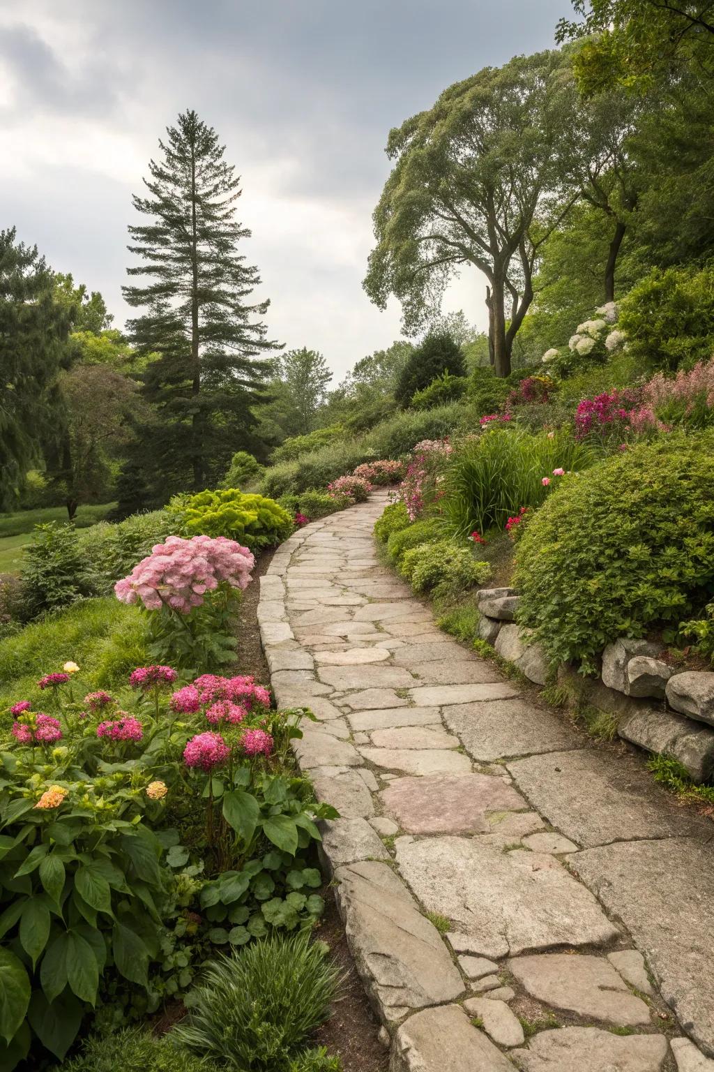 Inherent stone edges elegantly enclose your yard’s path.