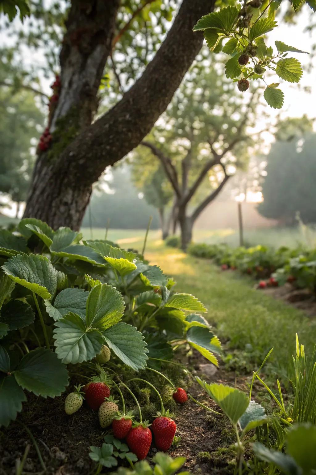 A harmonious guild with strawberries under a fruit tree.