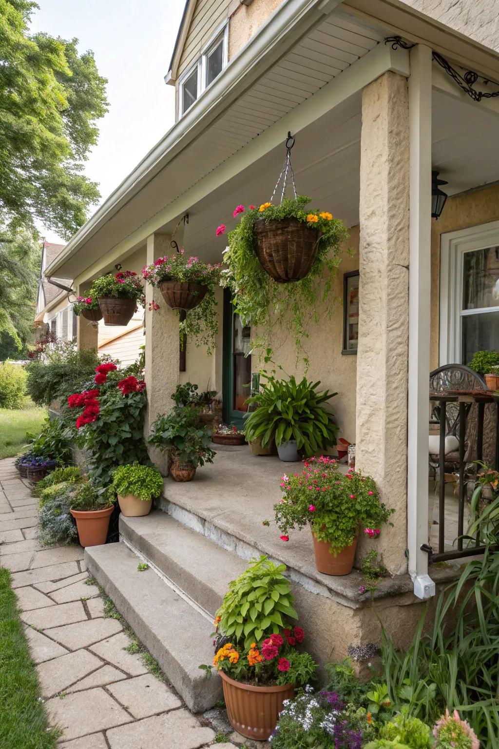 The stucco porch's small garden sanctuary creates a verdant hideaway.