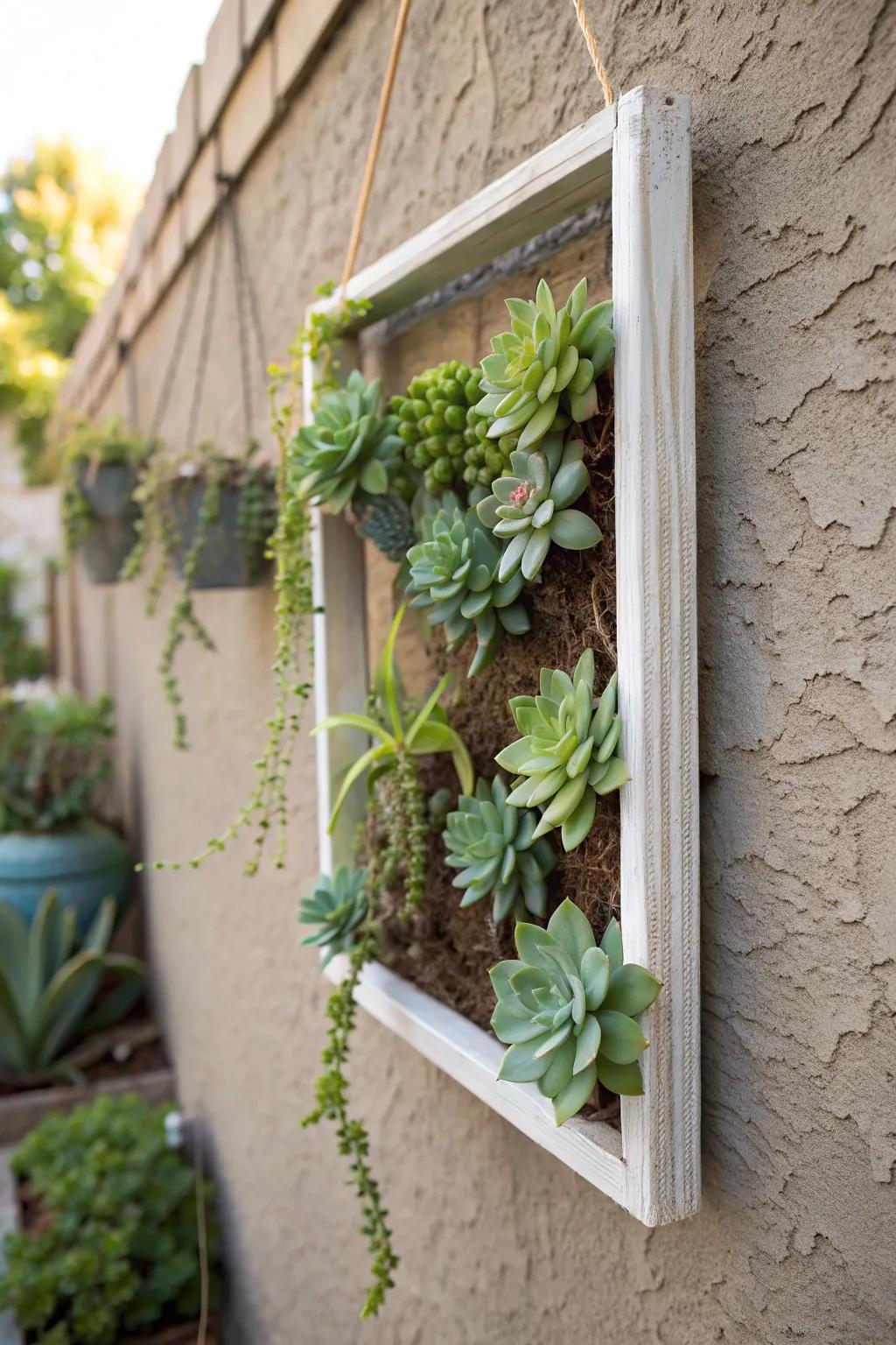 A living art piece: succulents in a drifting frame.