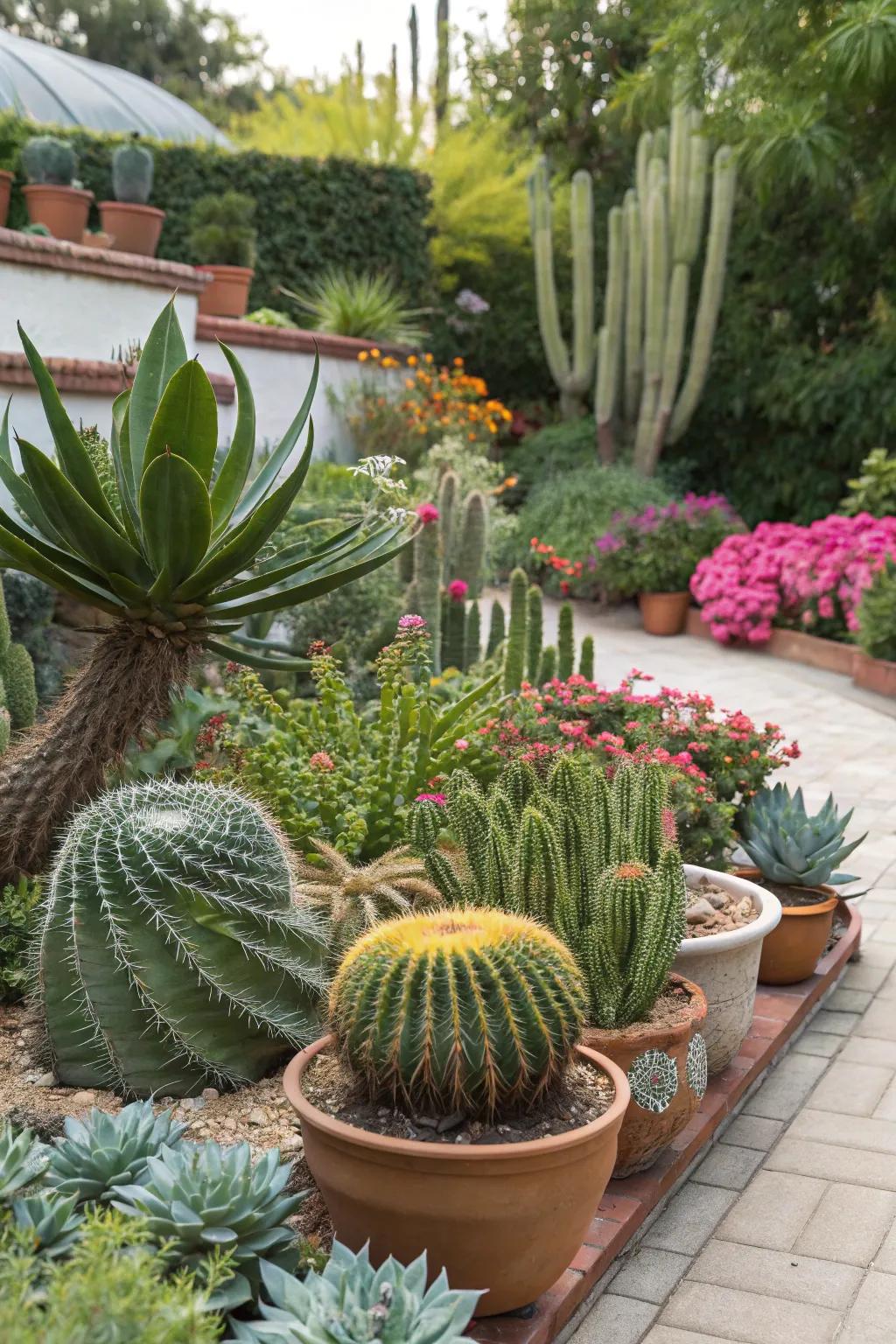 A dynamic garden featuring a mix of cacti and succulents.
