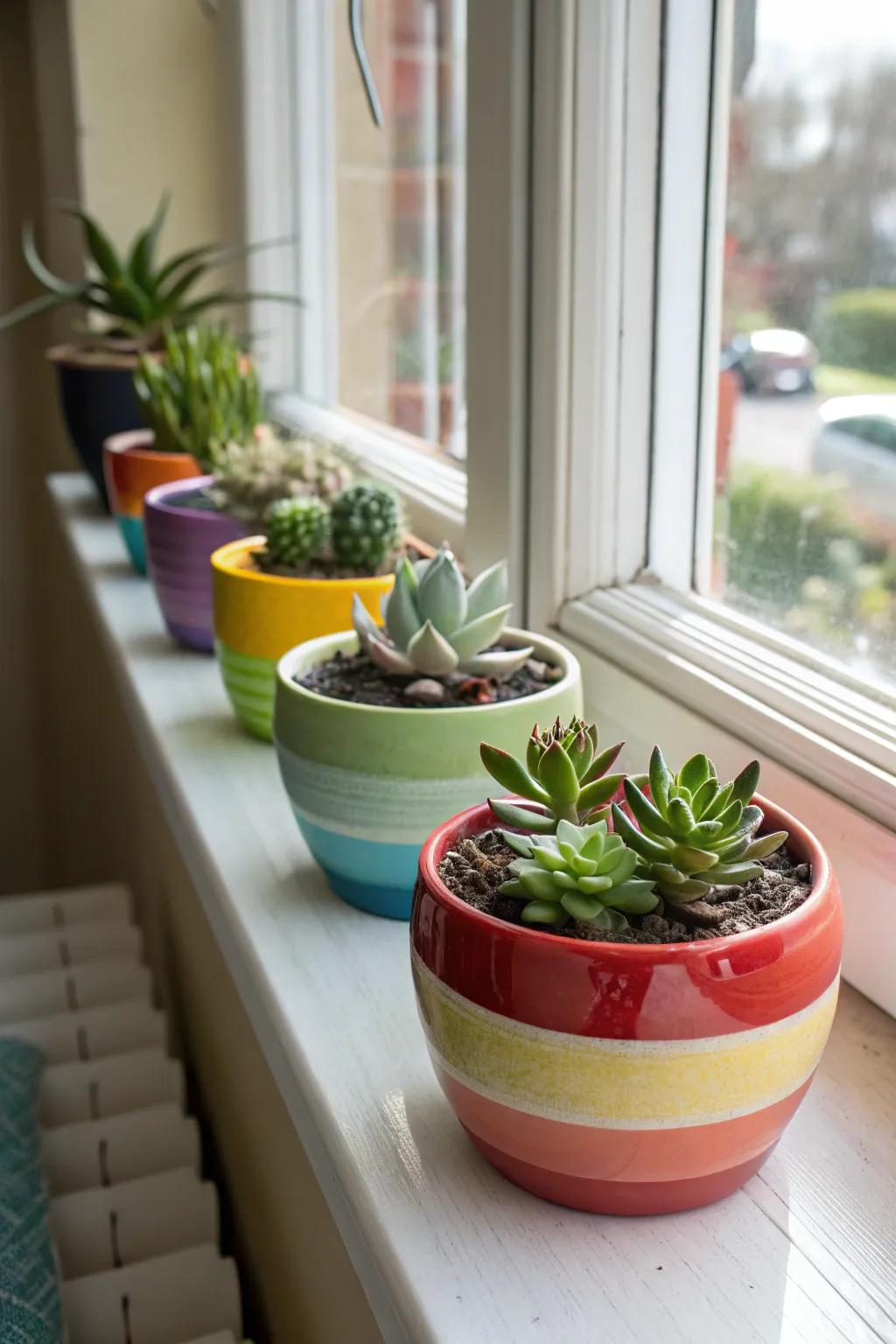 Vibrant pots highlight the diversity of succulent shapes and textures.