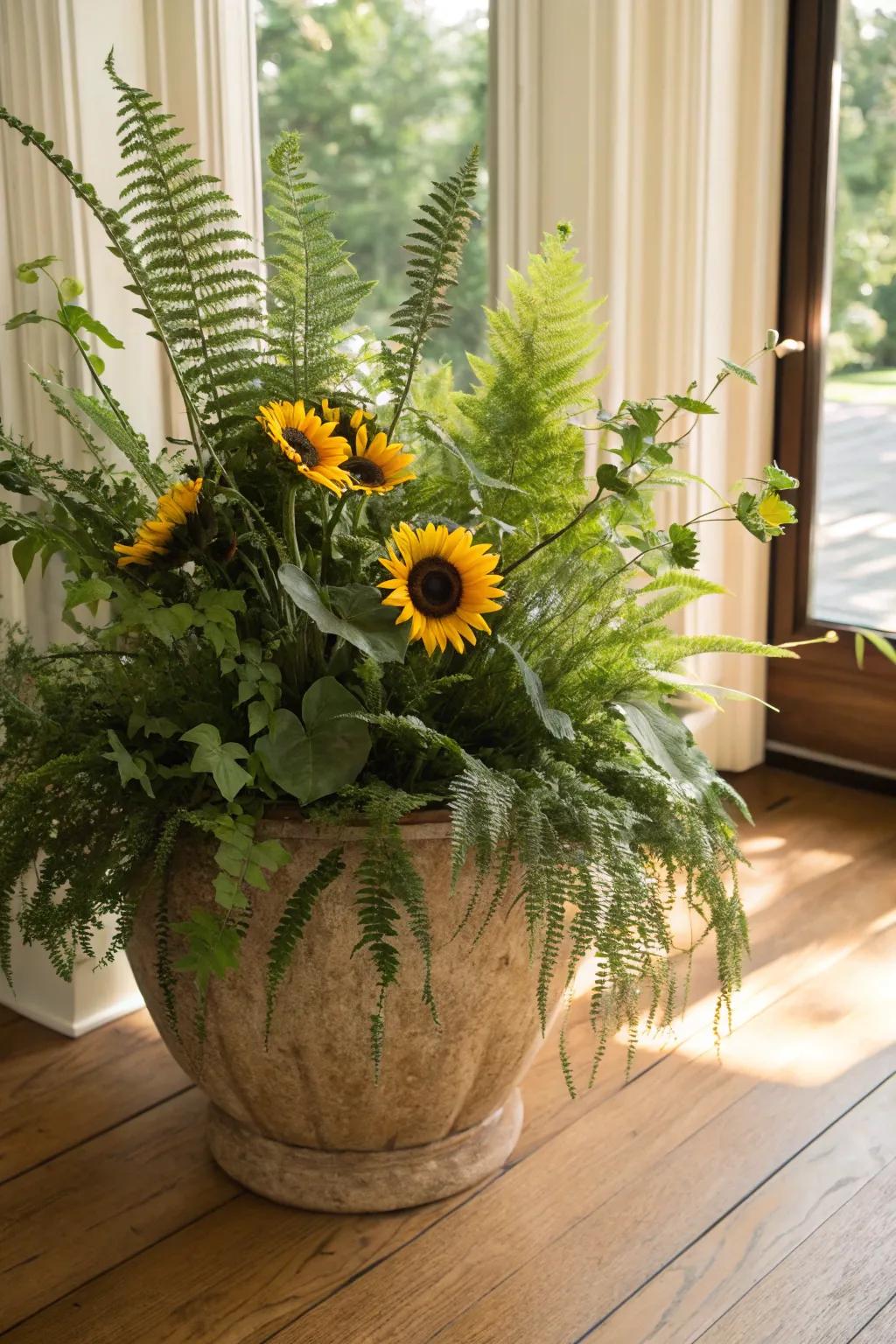 Draw nature indoors with sunflowers and foliage plants.