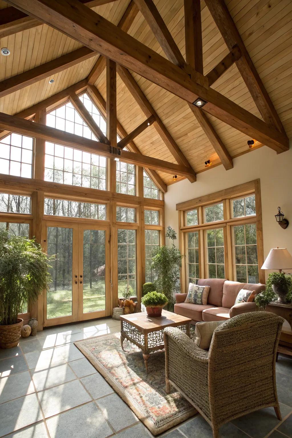 The ceiling of this sunroom is eye-catching because of the exposed beams.