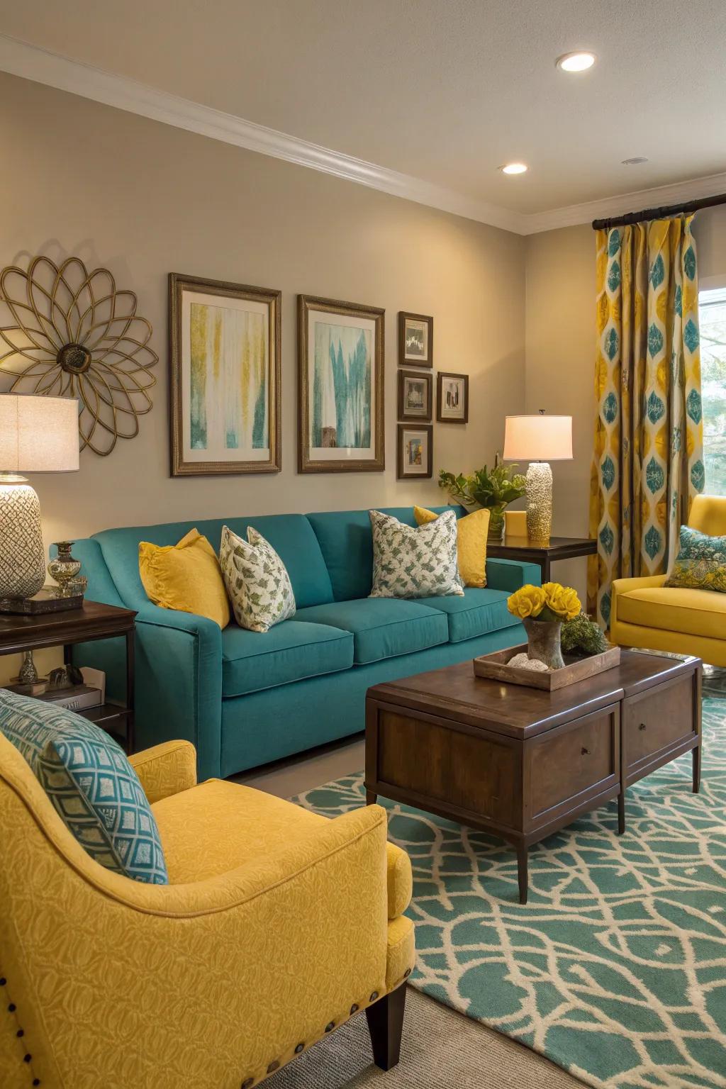 The contrast of teal and yellow adds energy and playfulness to this room.