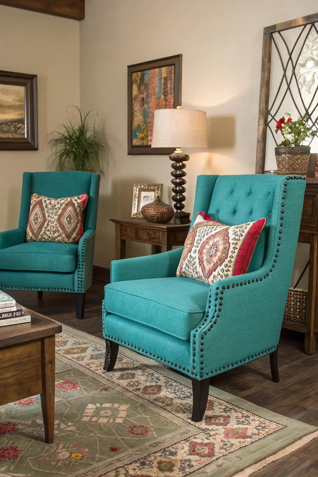 Seats in turquoise give a bit of color that is lively and soft.