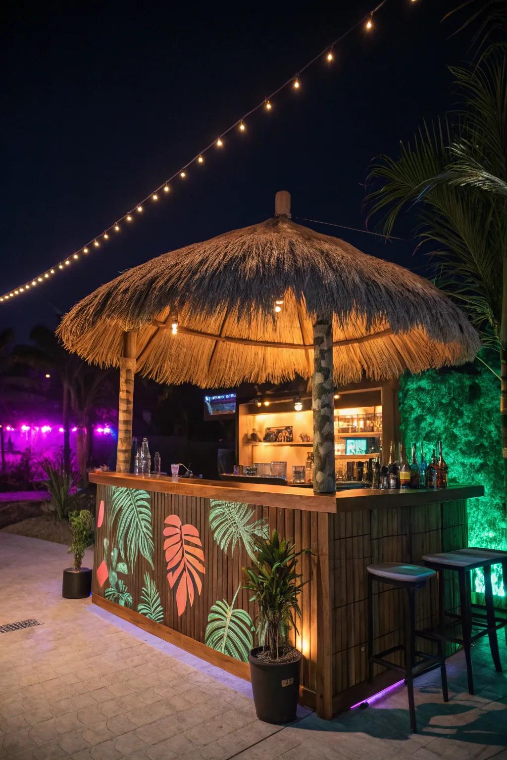 A thatched umbrella adds both function and tropical style.