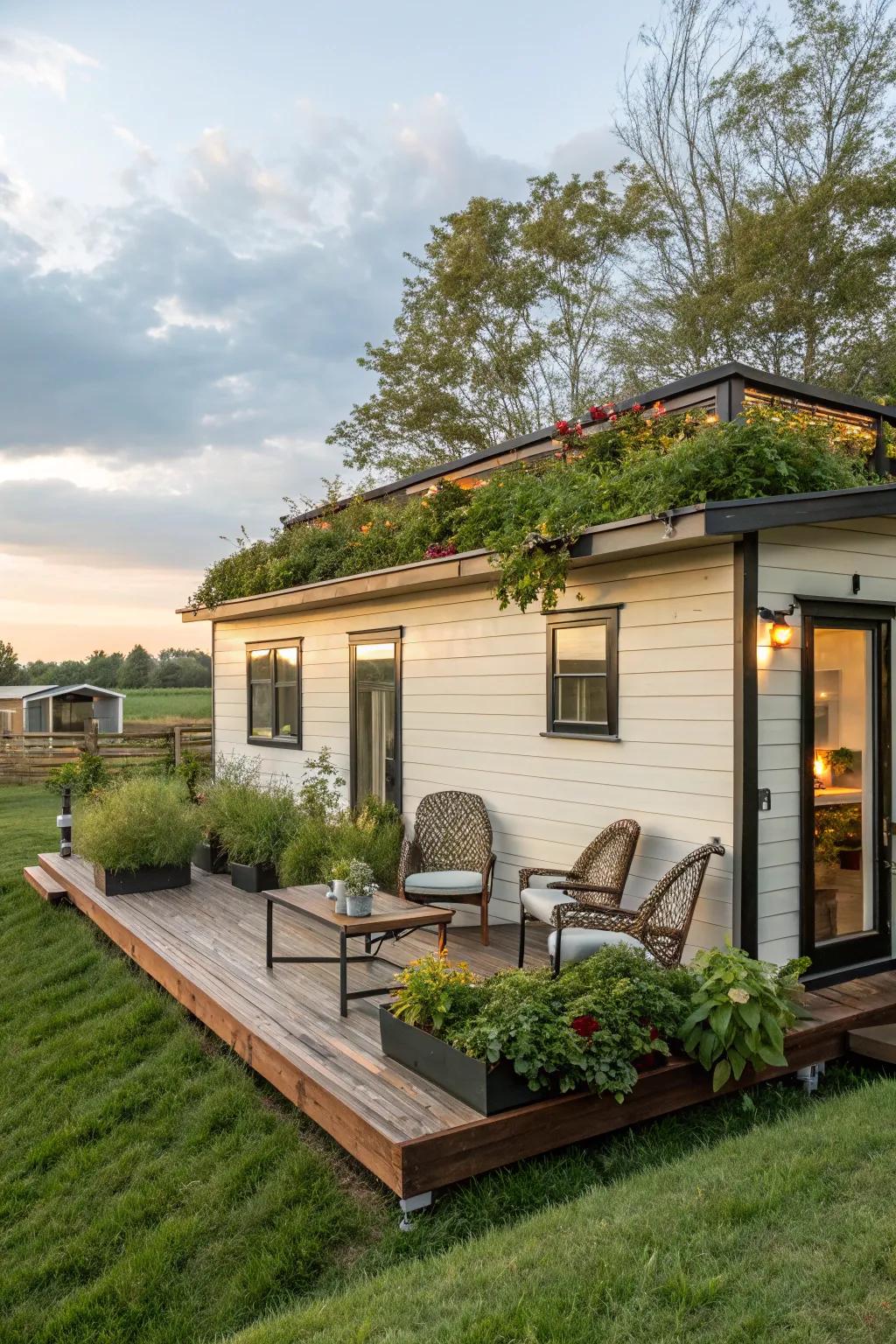 Rooftop gardens bring nature to urban tiny homes.