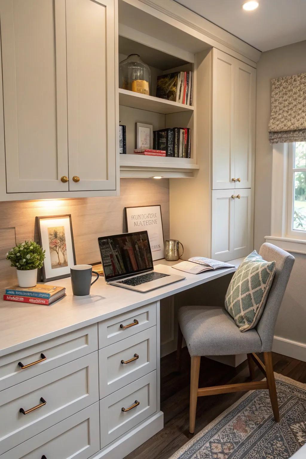 A built-in desk easily fits into cabinetry for a simple look.