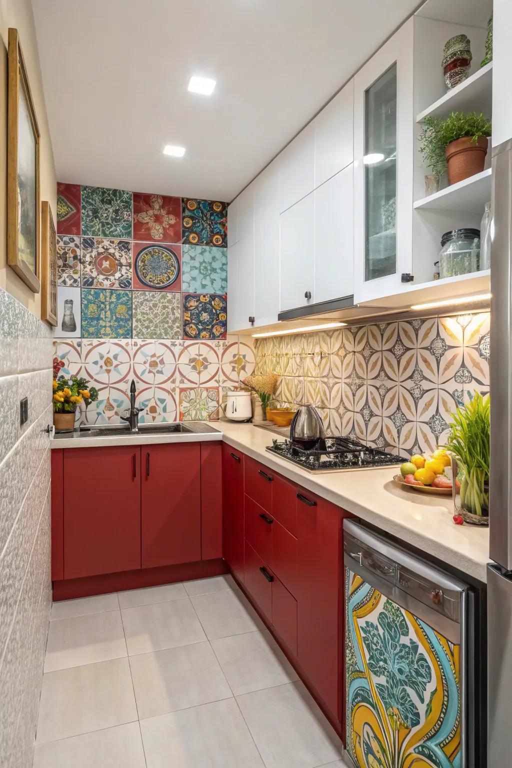 Artistic wall panels add character and style to a small kitchen.