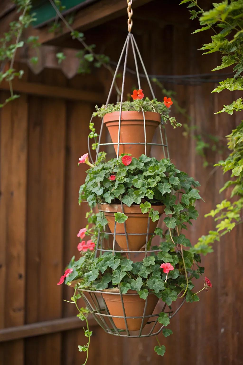 Elevate your plant game with this creative hanging planter made from a simple tomato cage, bringing a touch of nature and style to any space.