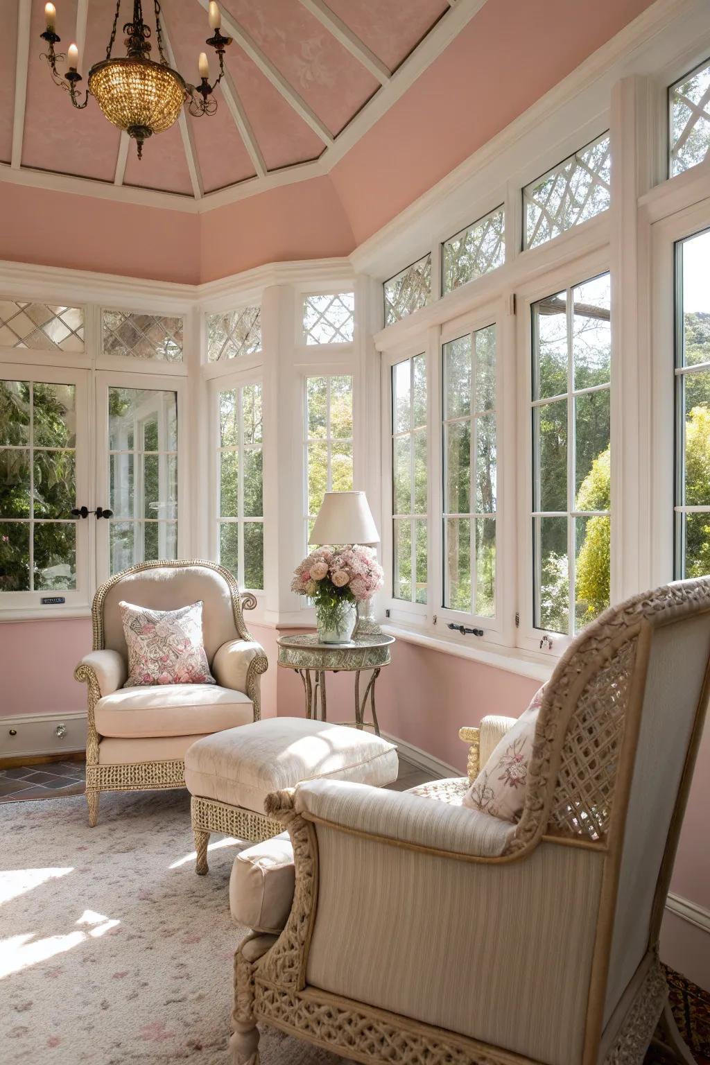 Blush pink walls providing a soft and elegant tone to the sunroom.