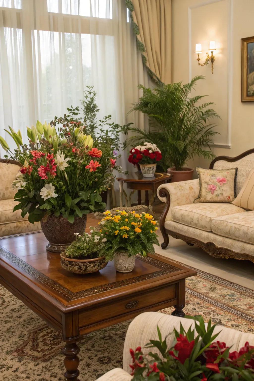Vegetation conveys a revitalizing sensation to this traditional family room.