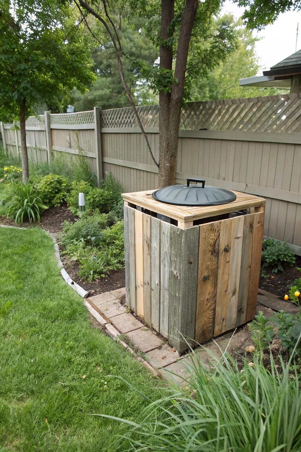 A backyard featuring a trash bin cover crafted from reclaimed materials.